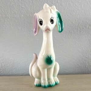 Vintage 6” Long Neck White Dog Figurine Ceramic Green Purple